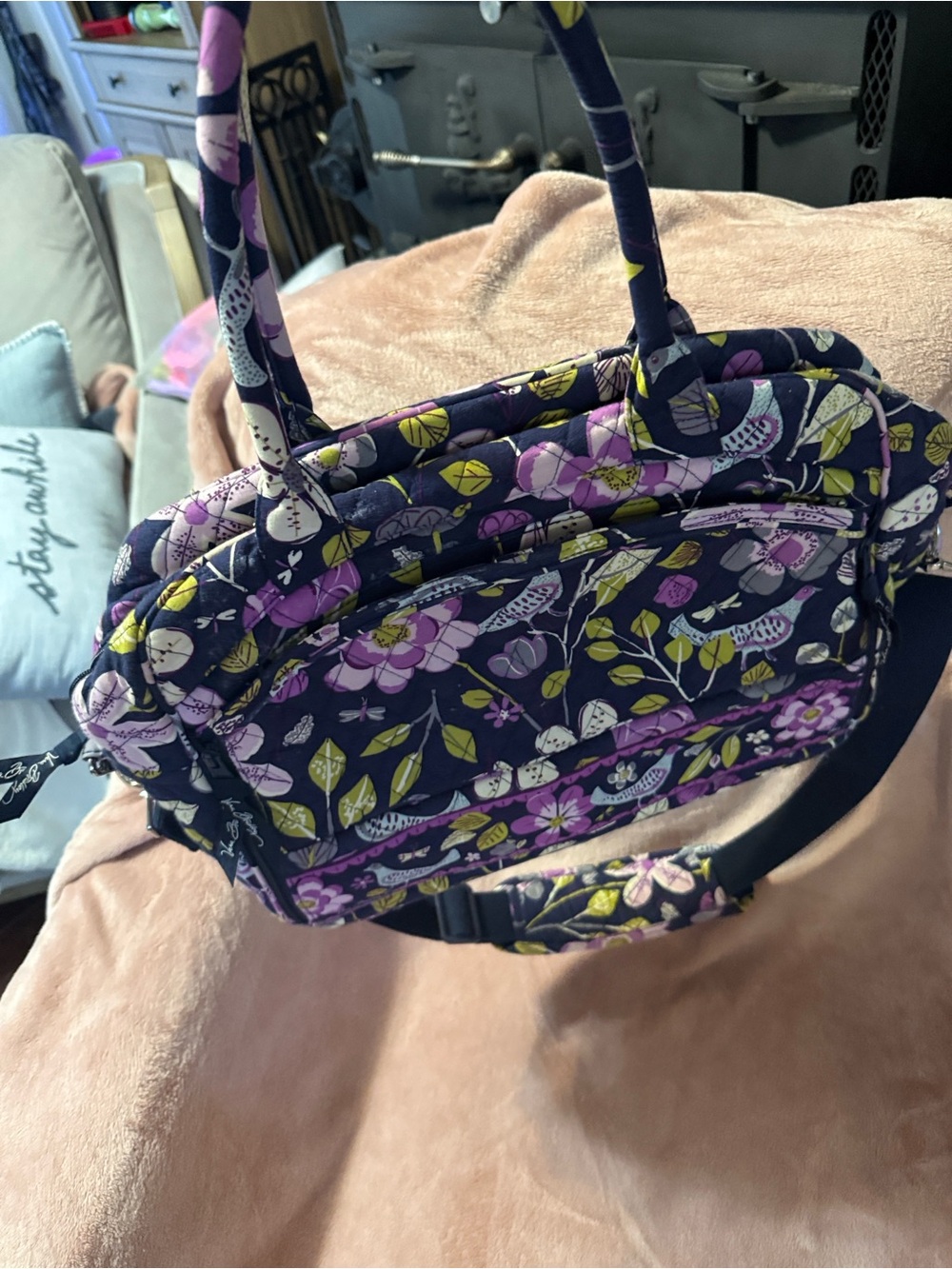Vera Bradley Navy Quilted Floral Laptop Bag with Purple & Green Accents
